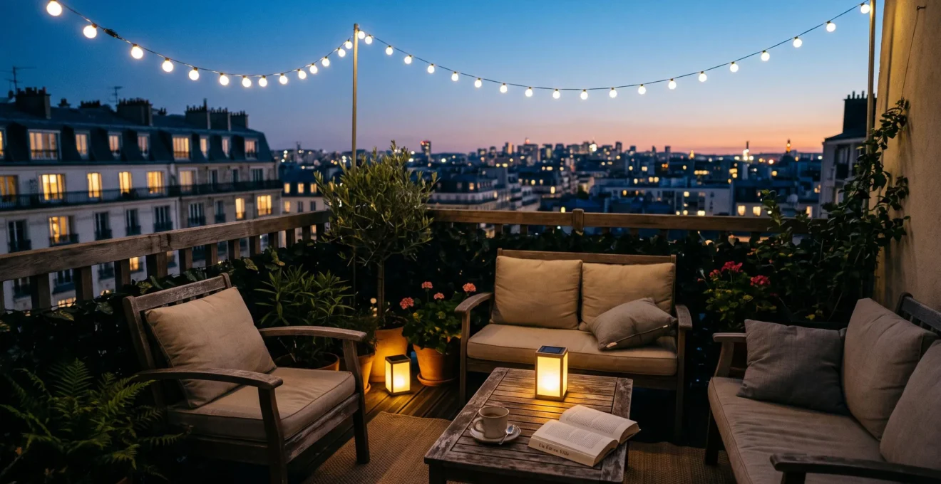 Terrasse d'appartement au crépuscule avec guirlandes LED blanc chaud suspendues, lanternes solaires posées, plantes en pots, mobilier bois clair et coussins, ciel bleu foncé et immeubles éclairés arrière-plan