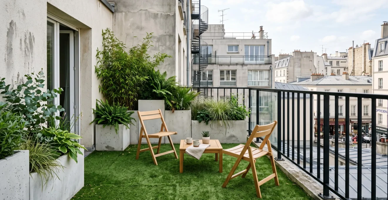 Terrasse d'appartement de 10m² aménagée avec gazon synthétique vert au sol, conteneurs béton géométriques plantés de bambous et fougères à hauteurs variées, mobilier bois clair minimaliste, garde-corps métal noir urbain en arrière-plan