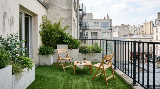 Terrasse d'appartement de 10m² aménagée avec gazon synthétique vert au sol, conteneurs béton géométriques plantés de bambous et fougères à hauteurs variées, mobilier bois clair minimaliste, garde-corps métal noir urbain en arrière-plan